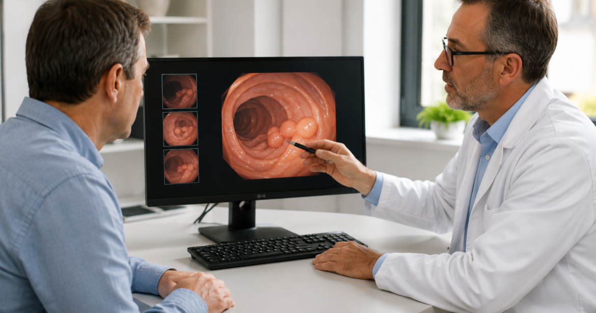 Colorectal specialist discussing colon polyp screening and digestive health with a patient