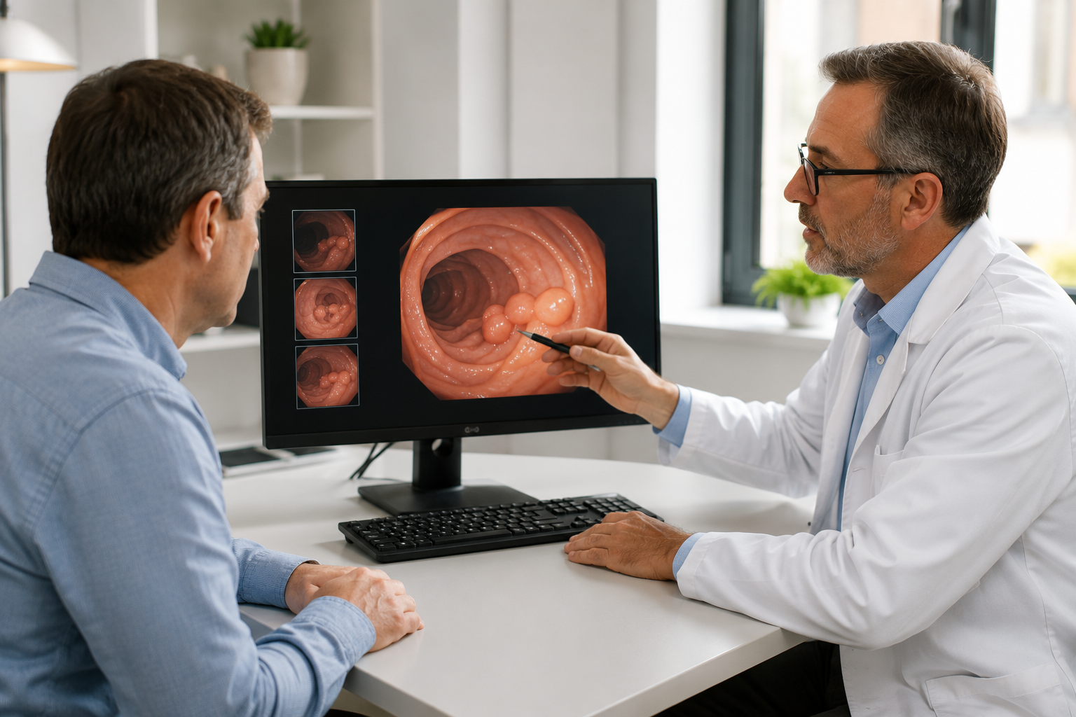 Colorectal specialist discussing colon polyp screening and digestive health with a patient