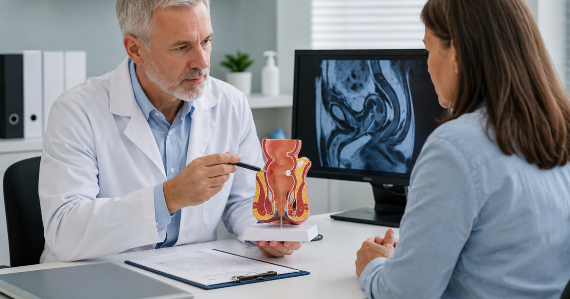 Colorectal surgeon consulting with a patient about rectal prolapse treatment options