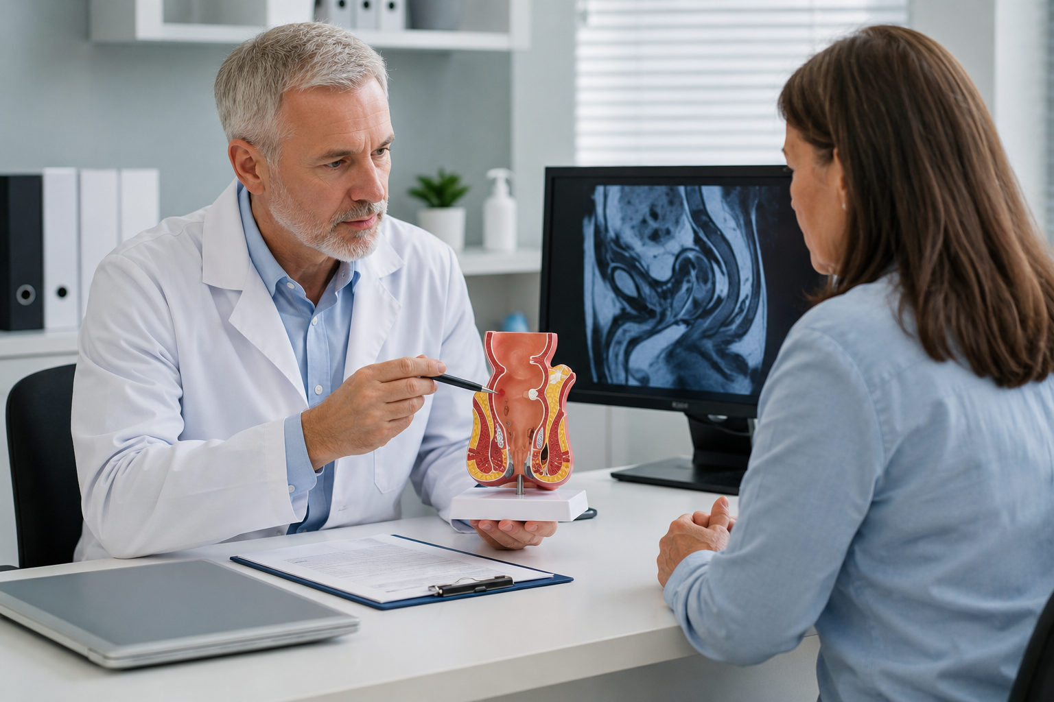 Colorectal surgeon consulting with a patient about rectal prolapse treatment options