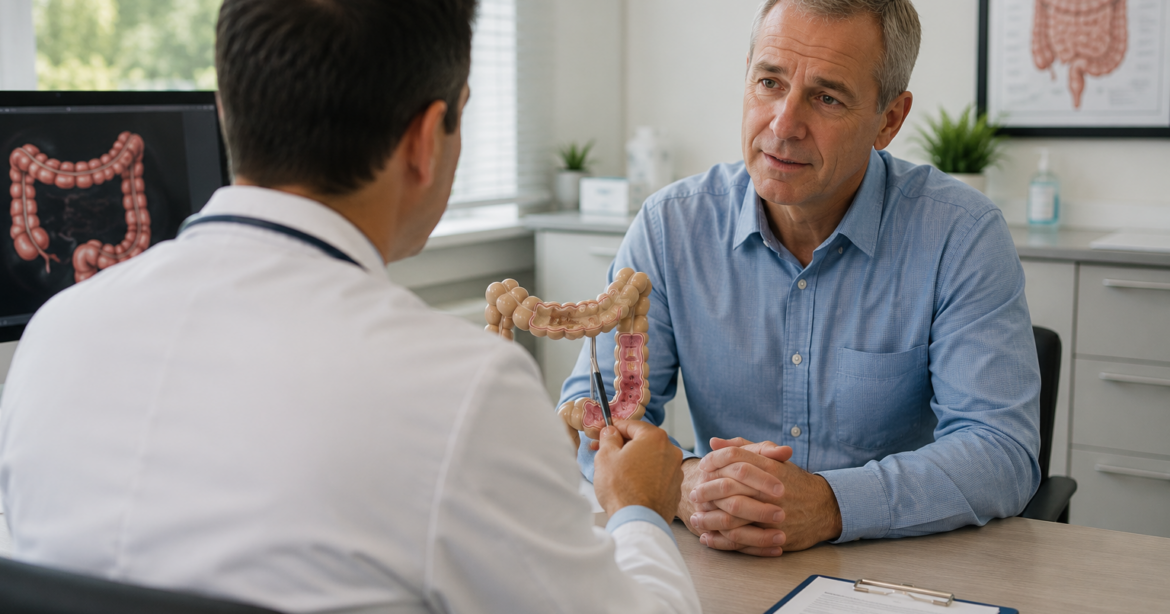 Patient speaking with a colorectal specialist about colonoscopy preparation before the procedure.
