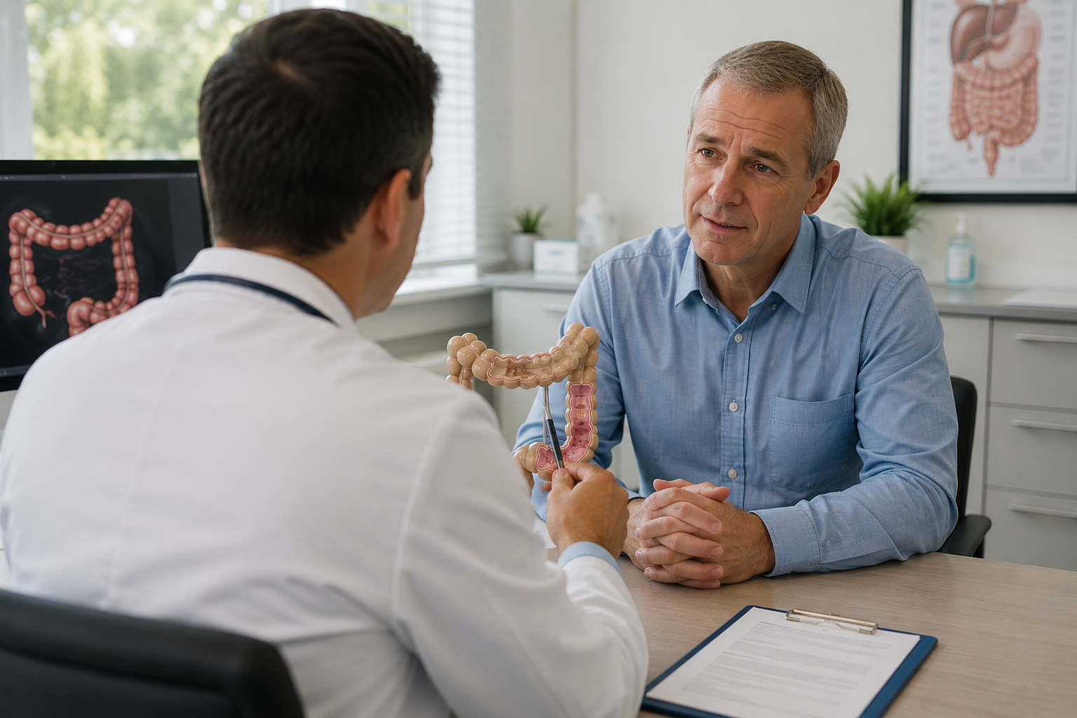Patient speaking with a colorectal specialist about colonoscopy preparation before the procedure.