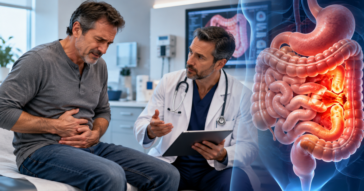 Bowel obstruction symptoms and intestinal blockage illustration